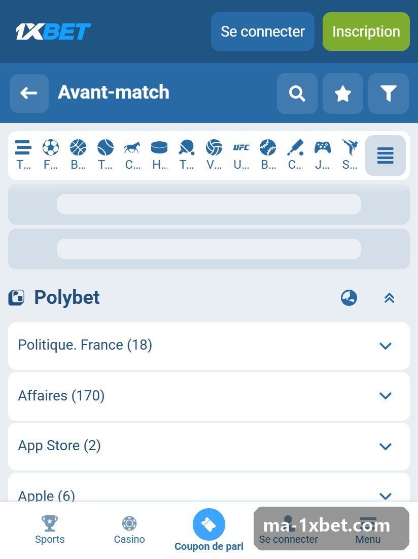 Rubrique Polybet sur mobile : groupes thématiques comme Politique. Nouvelle-Zélande, avec le nombre de questions entre parenthèses